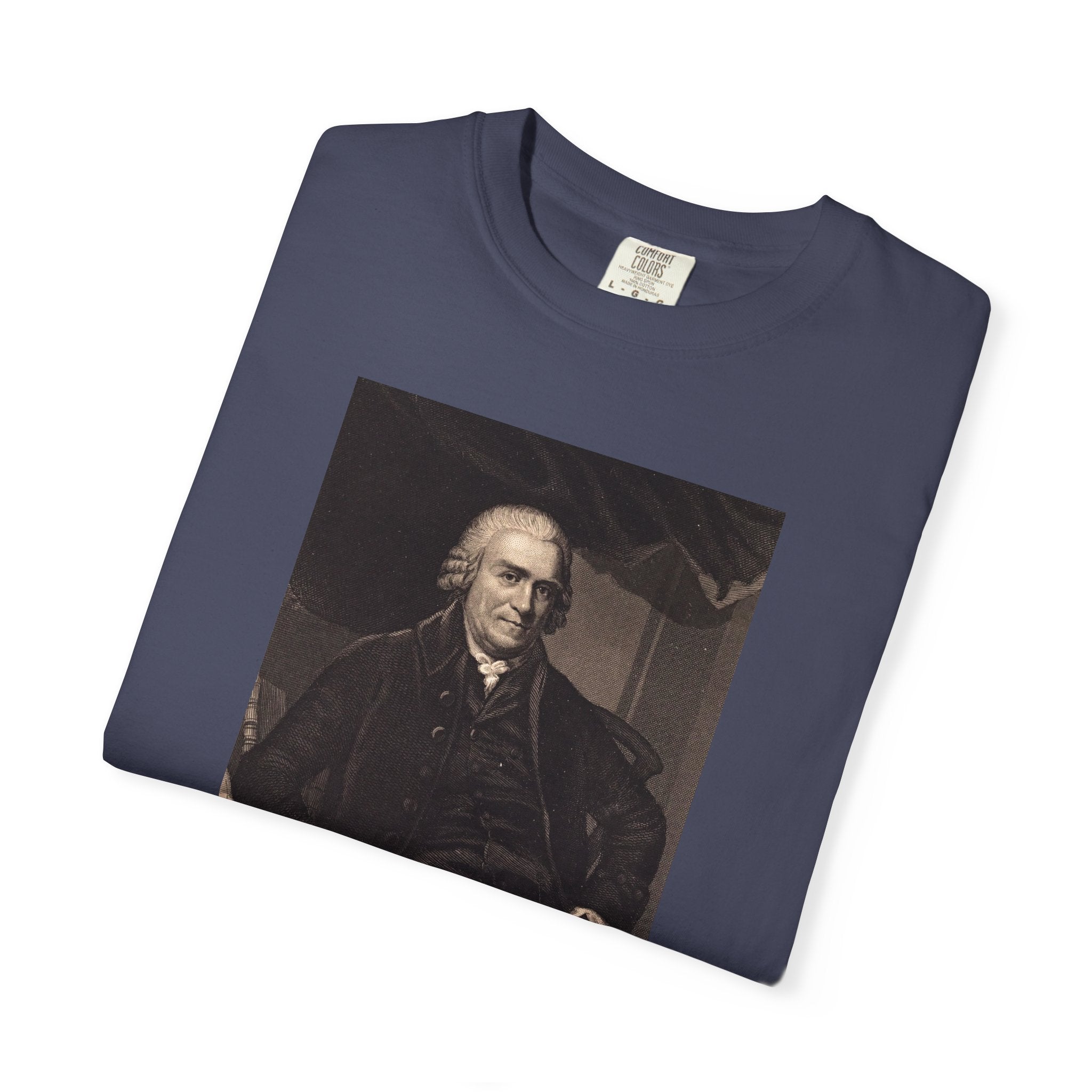 Folded Samuel Adams Founders Collection portrait t-shirt in denim