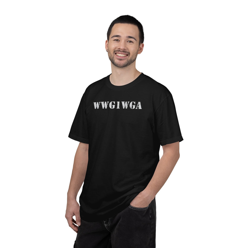 Man wearing WWG1WGA stencil t-shirt in black