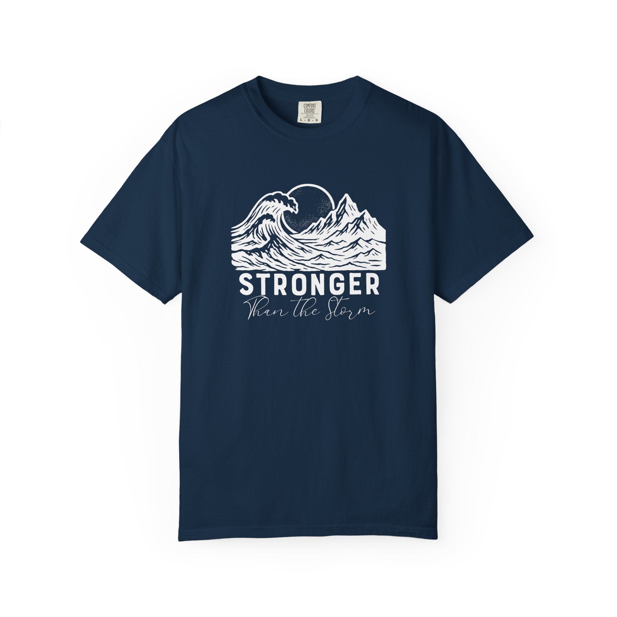 Stronger Than The Storm Christian t-shirt in true navy with a mountain wave sun design