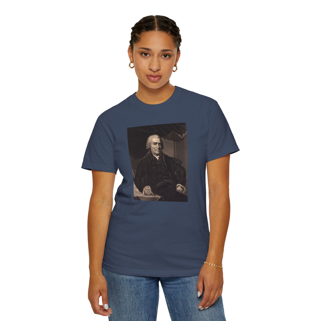 Female model wearing Samuel Adams mezzotint portrait t-shirt in midnight