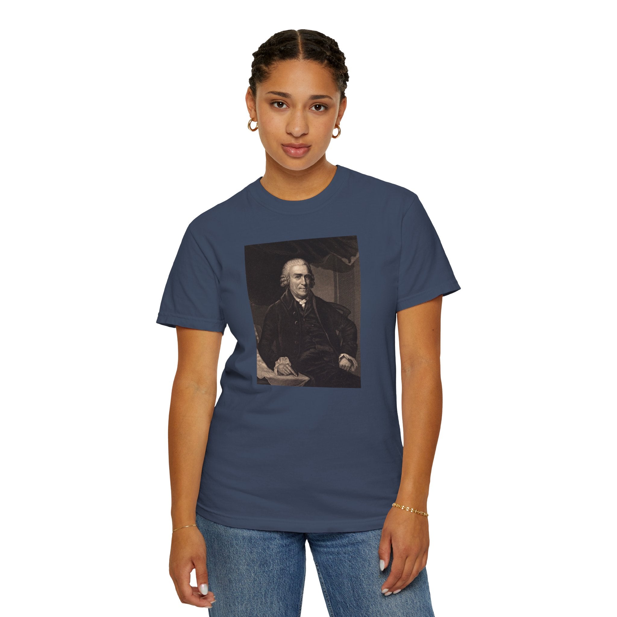 Female model wearing Samuel Adams mezzotint portrait t-shirt in midnight