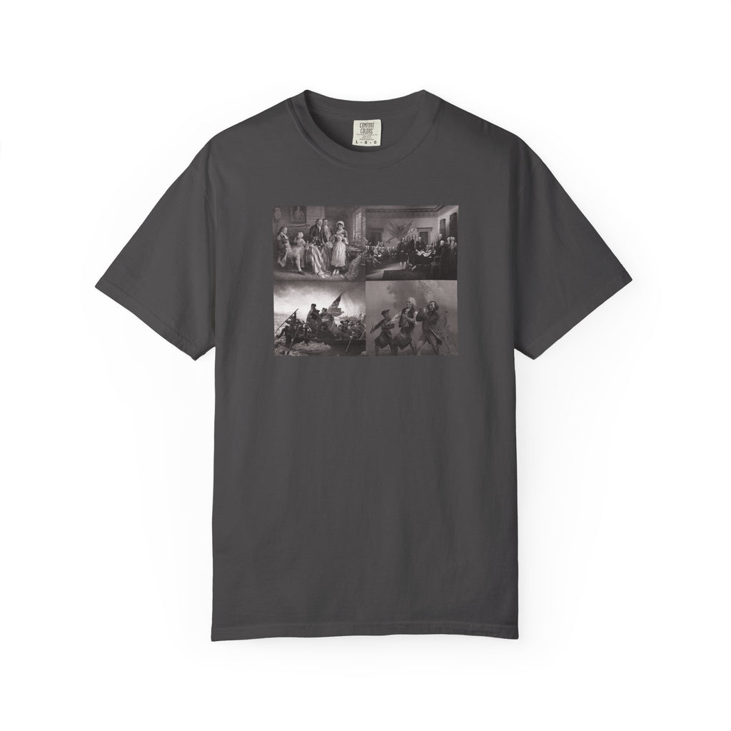 Graphite Comfort Colors t-shirt printed with a montage of four revolutionary war era paintings