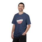 Man wearing a China Blue Comfort Colors t-shirt with an America 250 design with text 'America 250 Welcome to the Golden Age'
