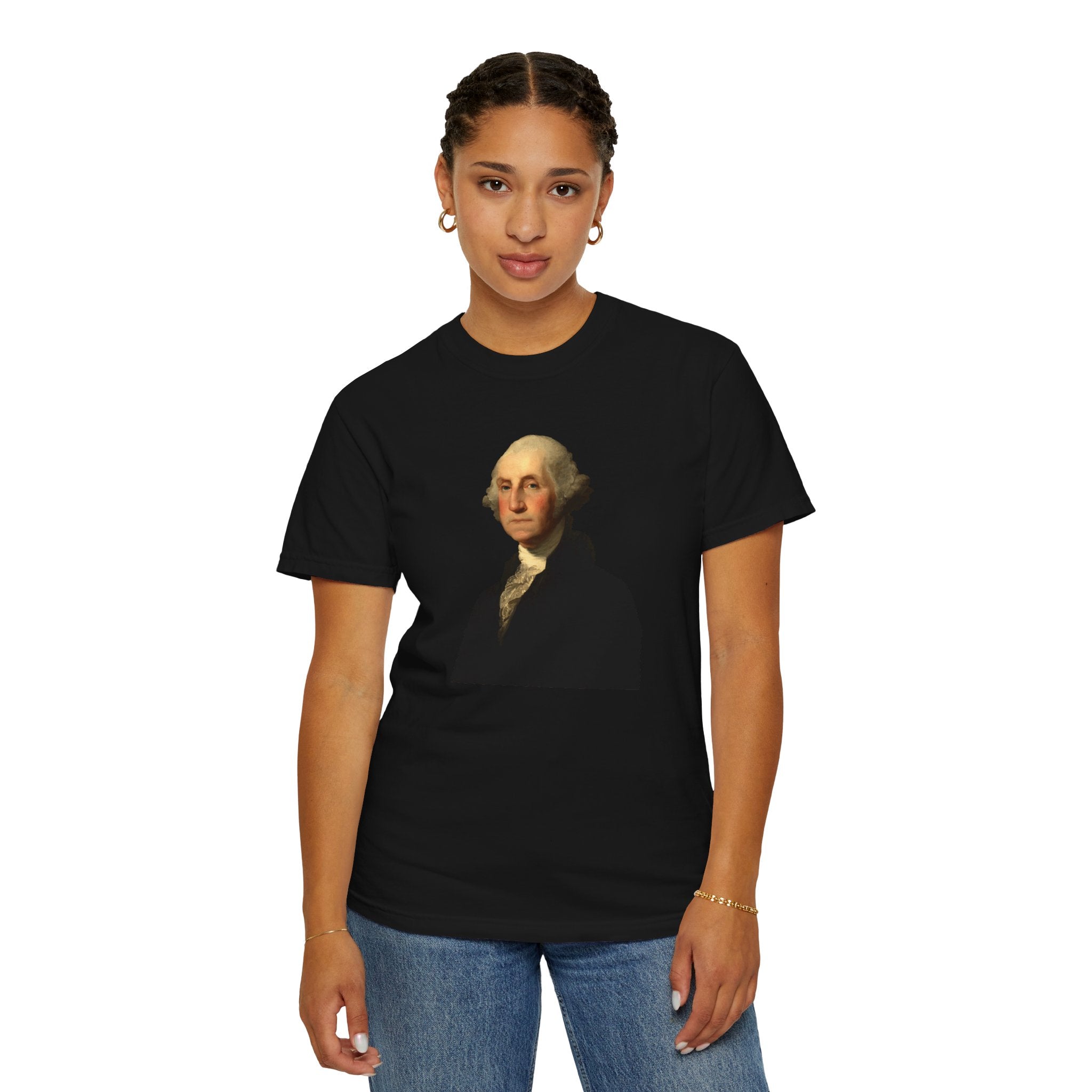 Woman wearing George Washington t-shirt in black