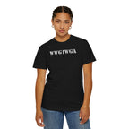 Woman wearing 'WWG1WGA' stenciled t-shirt in black