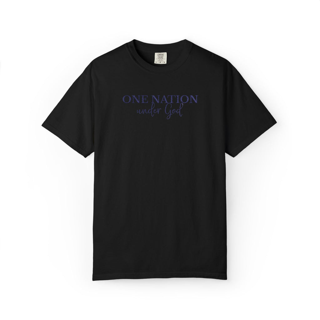 Black Comfort Colors t-shirt with embroidered 'One Nation under God' in blue thread