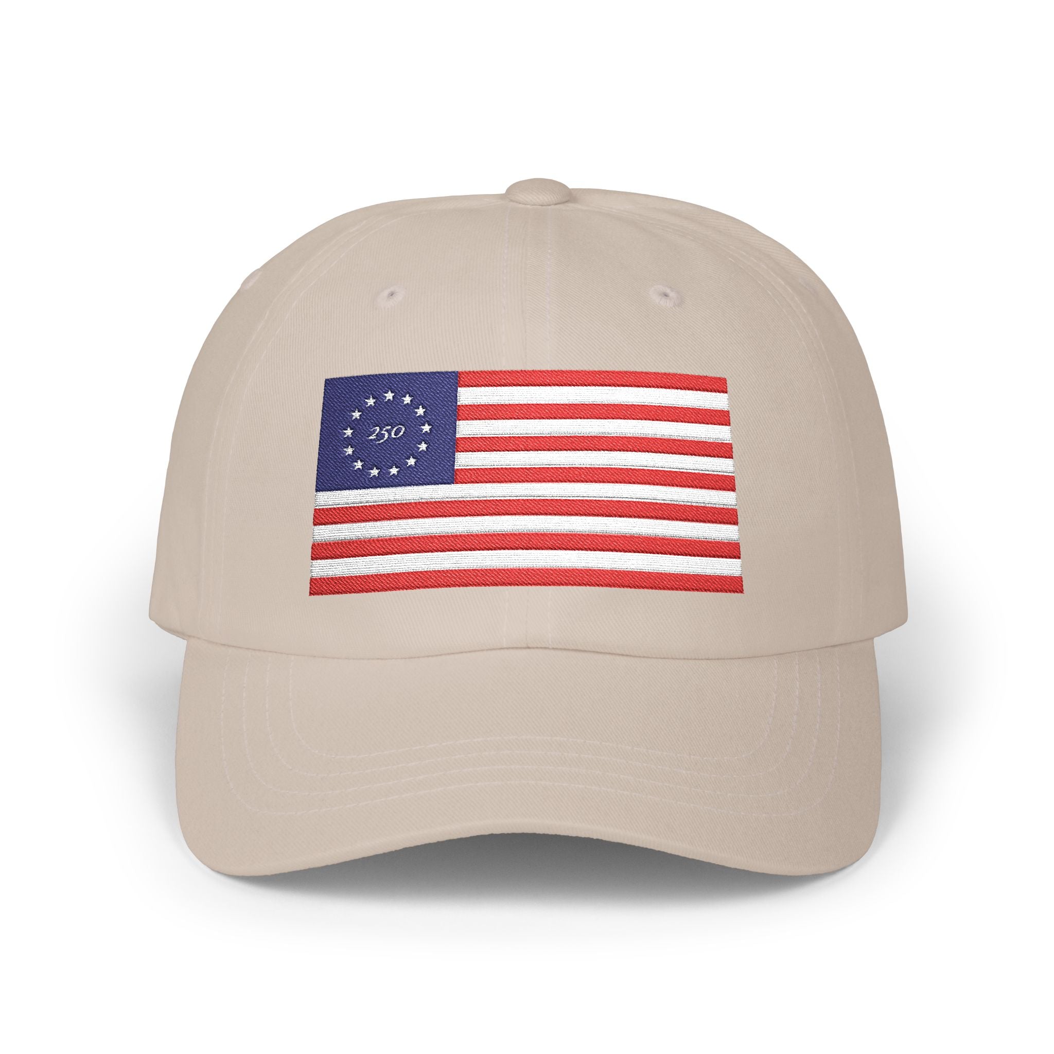 Betsy Ross flag embroidered dad cap with '250' in the stars circle in stone, patriotic America 250 design