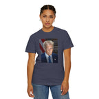 Woman wearing Donald Trump 47 patriotic t-shirt in denim