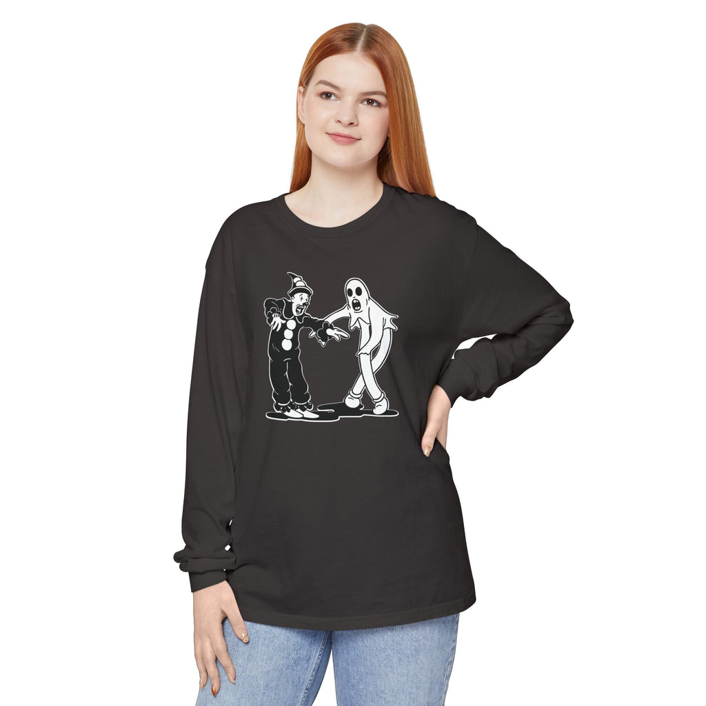 Woman wearing Koko the Clown and Dancing Ghost long sleeve t-shirt in graphite