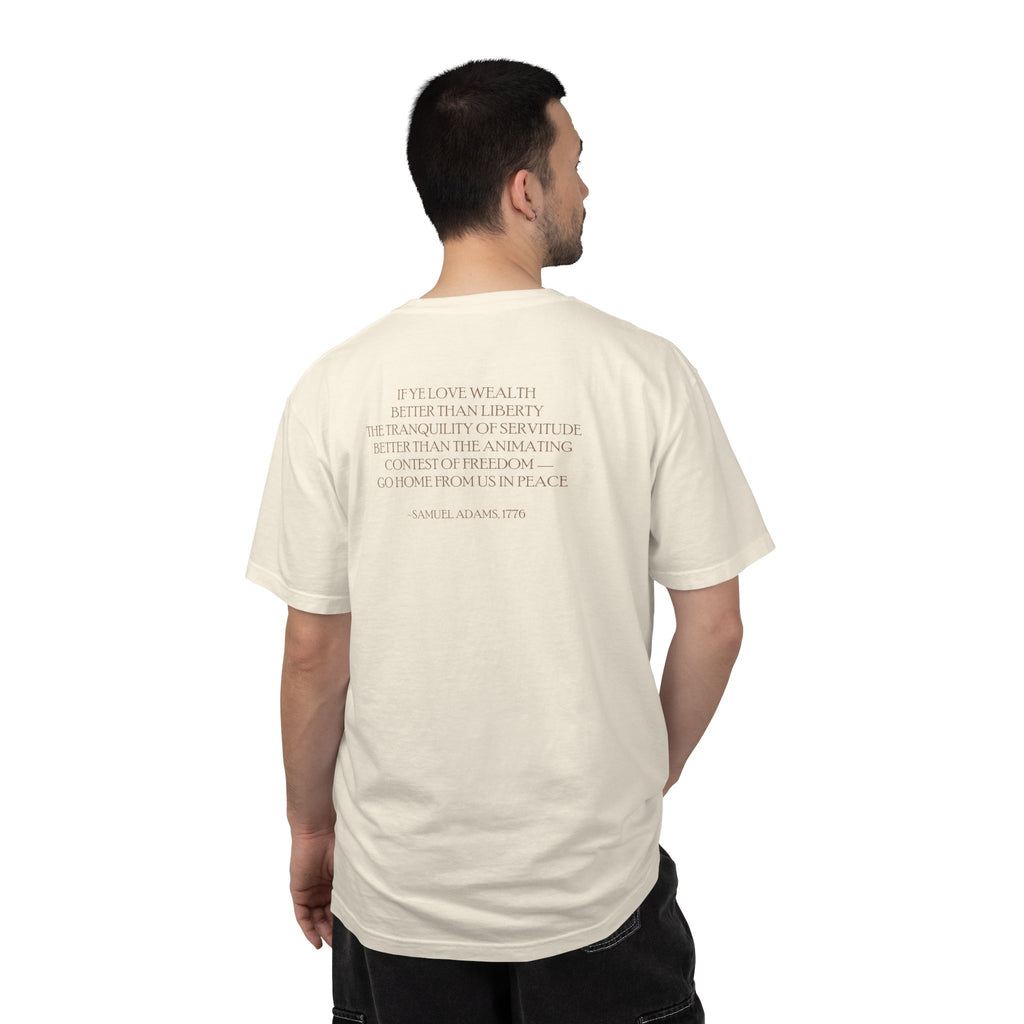 Back view man wearing Samuel Adams tee with 'If Ye Love Wealth Better Than Liberty' quote; ivory