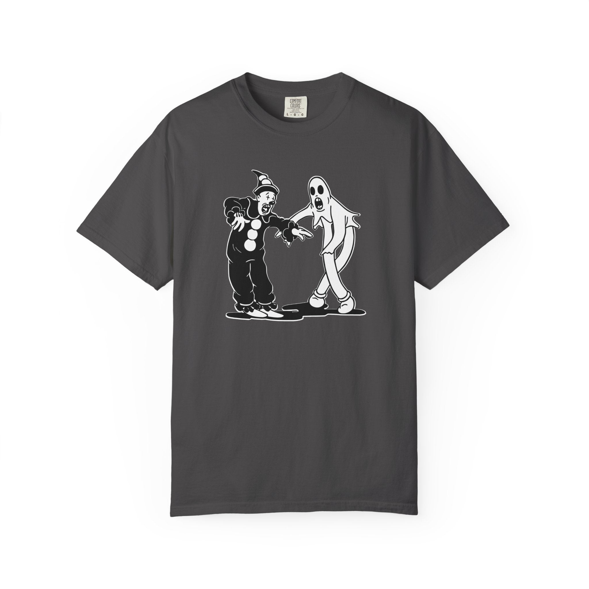 Koko the Clown Dancing Ghost psyop meme t-shirt in monochrome vintage style in graphite