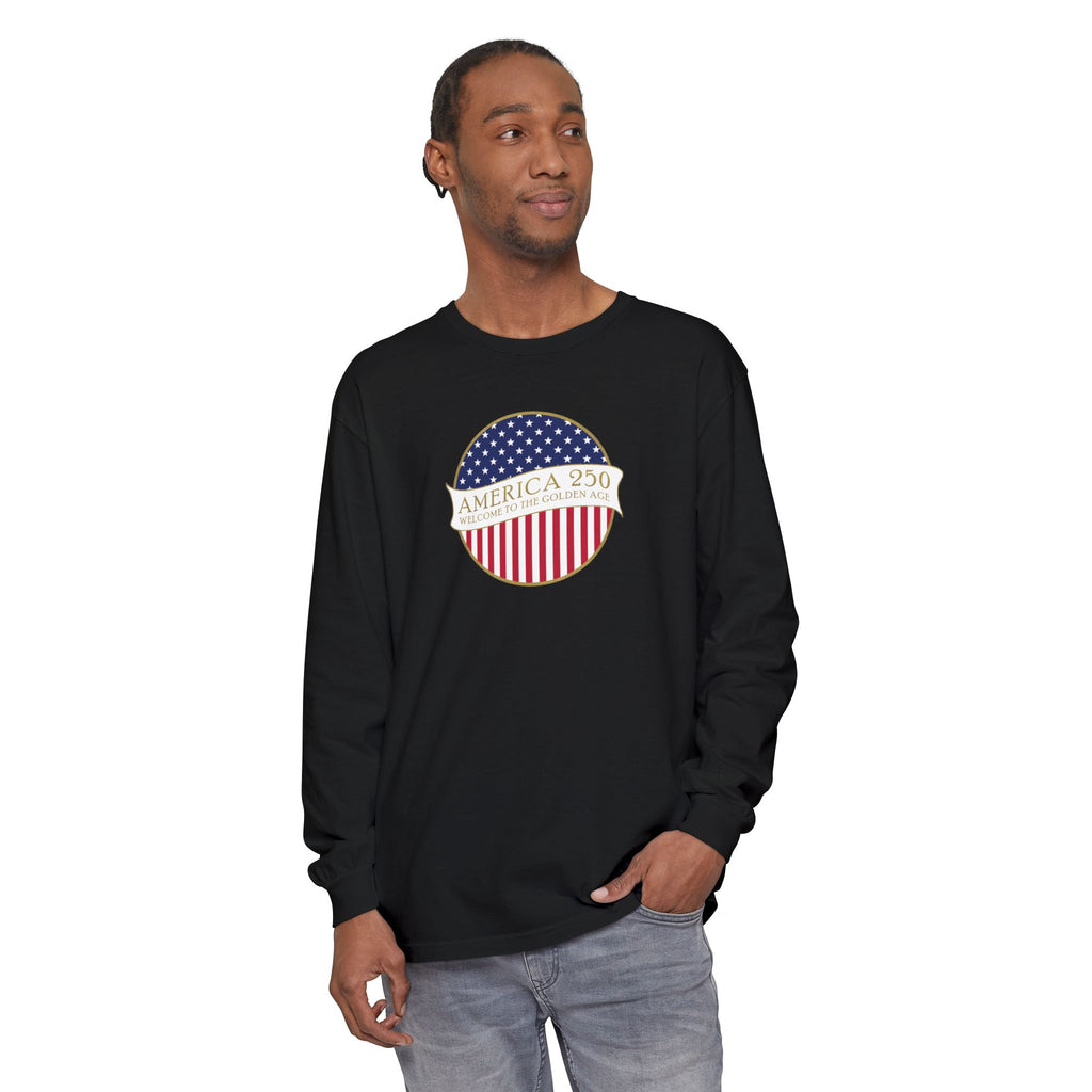 Man wearing a long sleeve Black Comfort Colors t-shirt with America 250 design