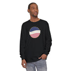 Man wearing a long sleeve Black Comfort Colors t-shirt with America 250 design