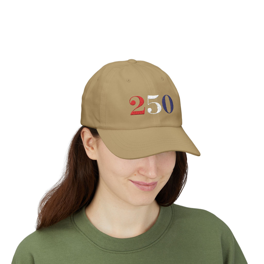 Female model wearing embroidered America 250 bold embroidered dad cap in khaki
