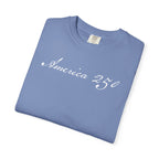 Folded washed denim America 250 script patriotic t-shirt