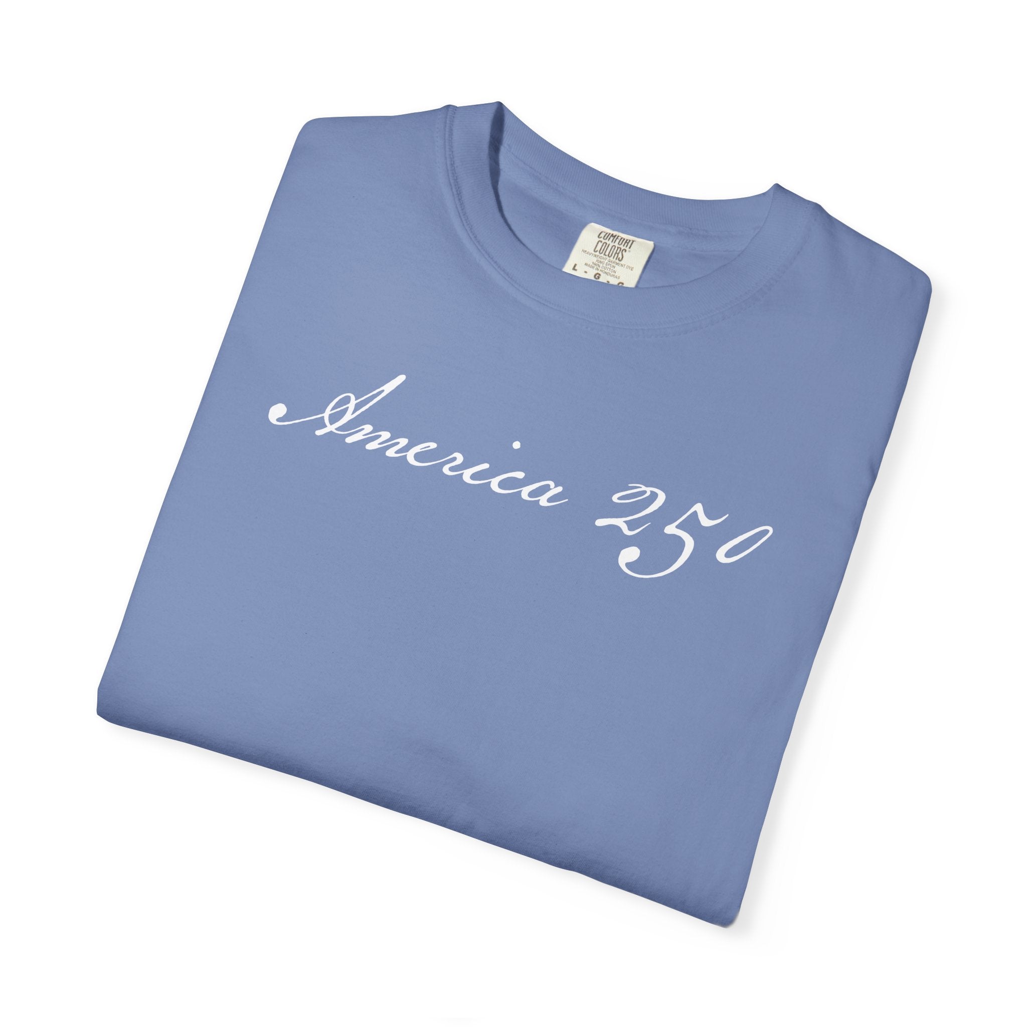 Folded washed denim America 250 script patriotic t-shirt