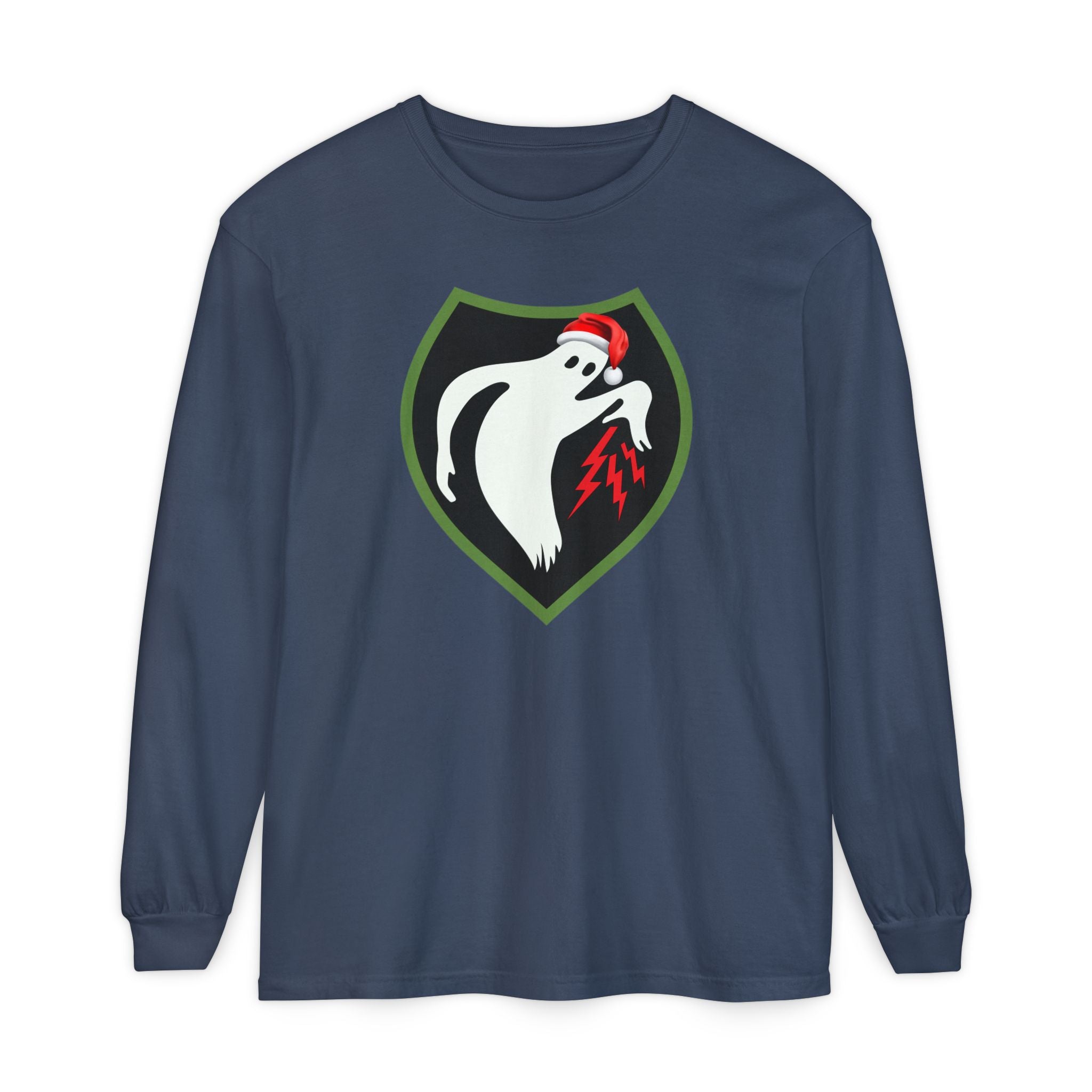 Long sleeve Midnight Comfort Colors t-shirt  with a Christmas themed edition of the Ghost Army logo