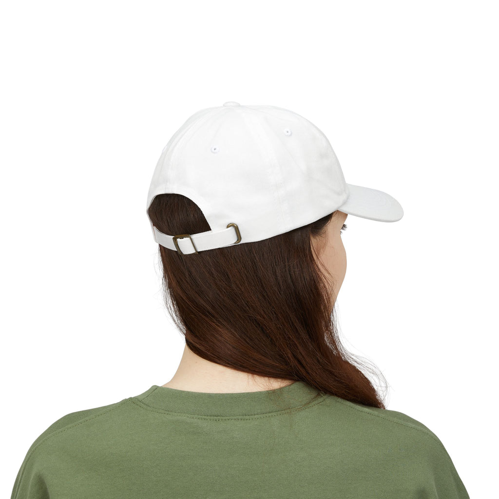 Back view of woman wearing a White dad cap embroidered with '1776'