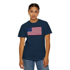 Female model wearing distressed 1776 Betsy Ross flag t-shirt in true navy