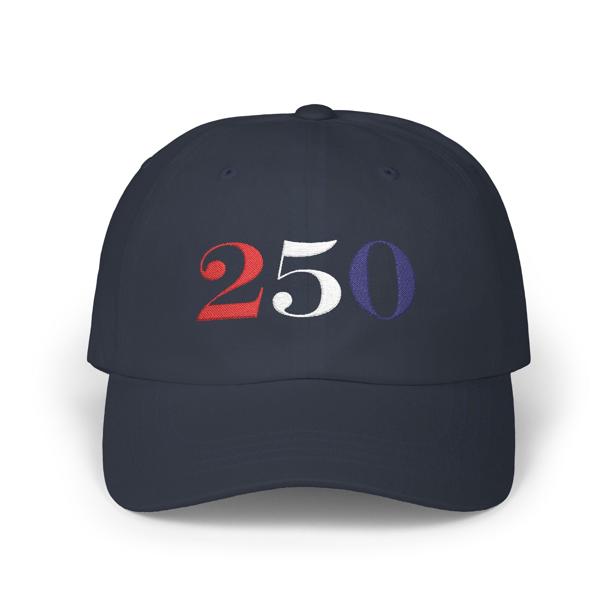 Navy cap with '250' embroidered with red, white, & blue thread