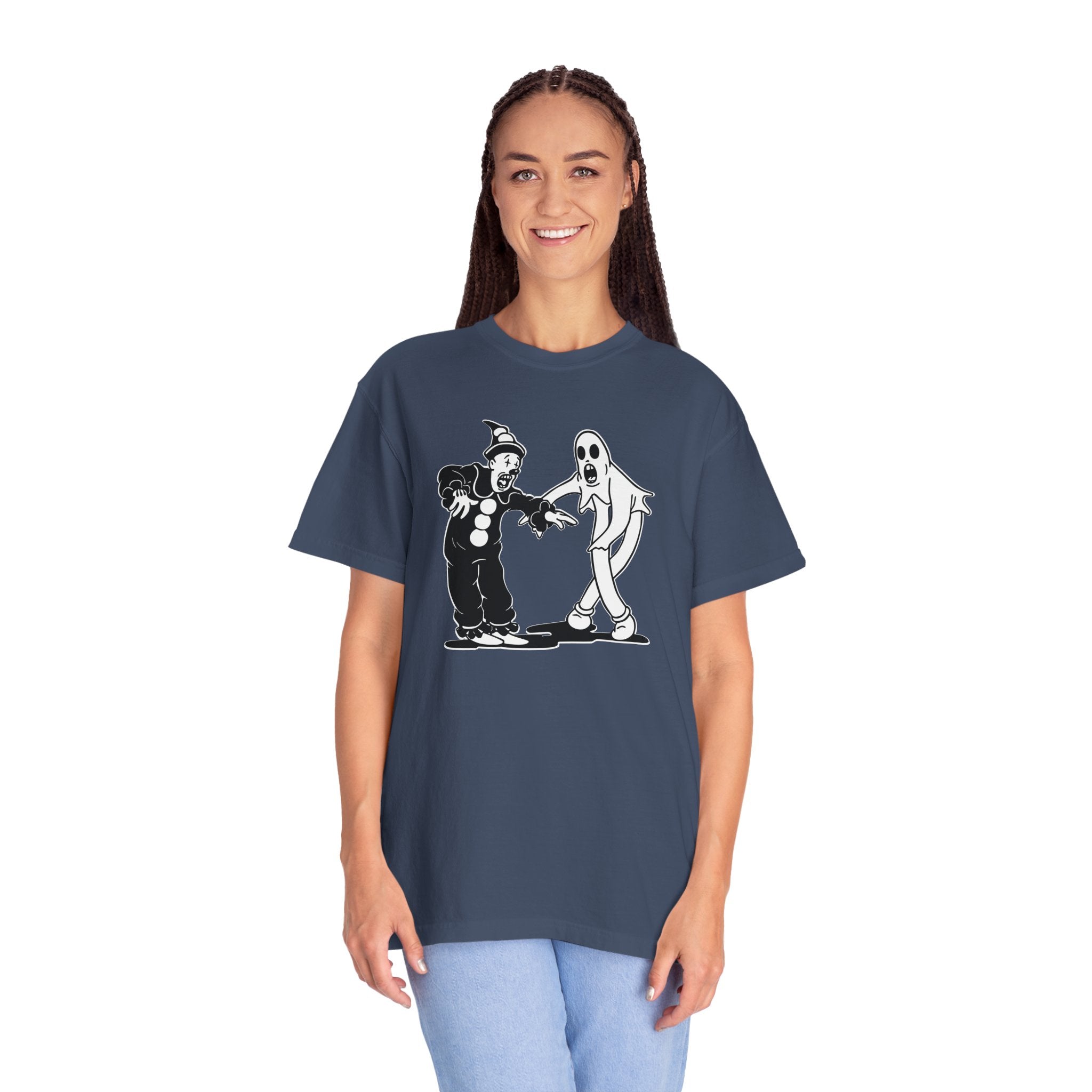 Model wearing oversized Koko the Clown Dancing Ghost t-shirt in midnight