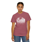 Person wearing Stronger Than The Storm faith t-shirt in crimson 