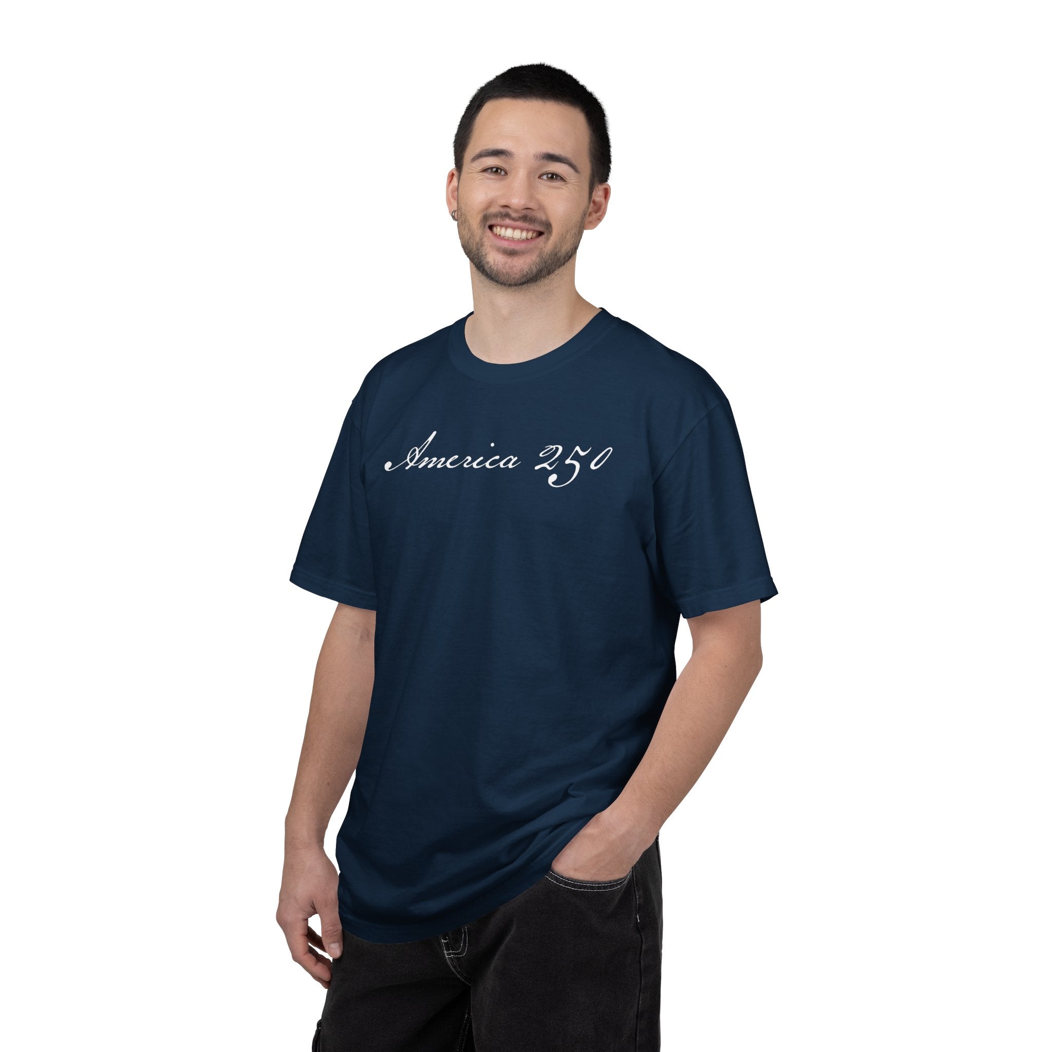 Male model wearing a true navy America 250 t-shirt