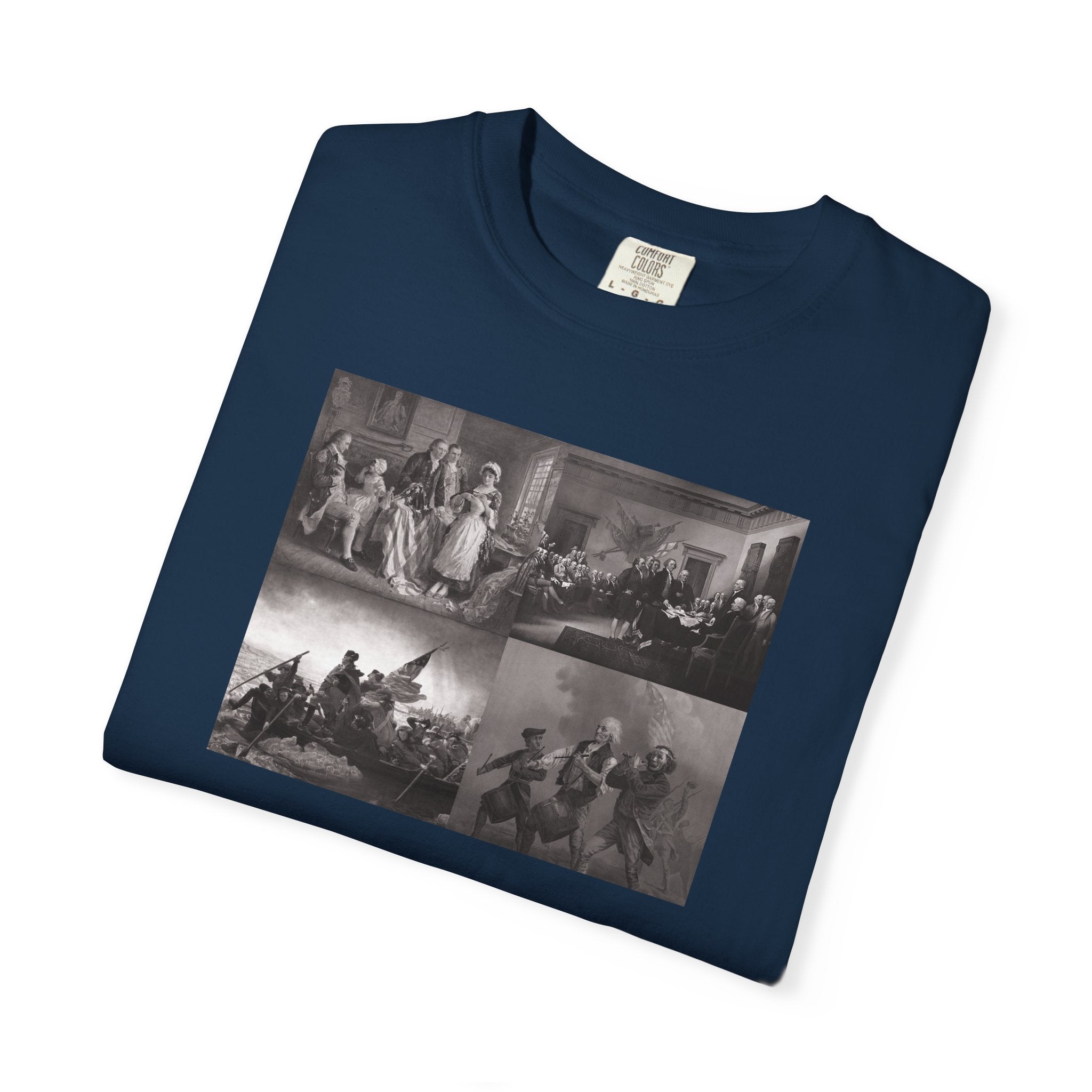 Folded True Navy Comfort Colors t-shirt printed with a montage of four revolutionary war era paintings