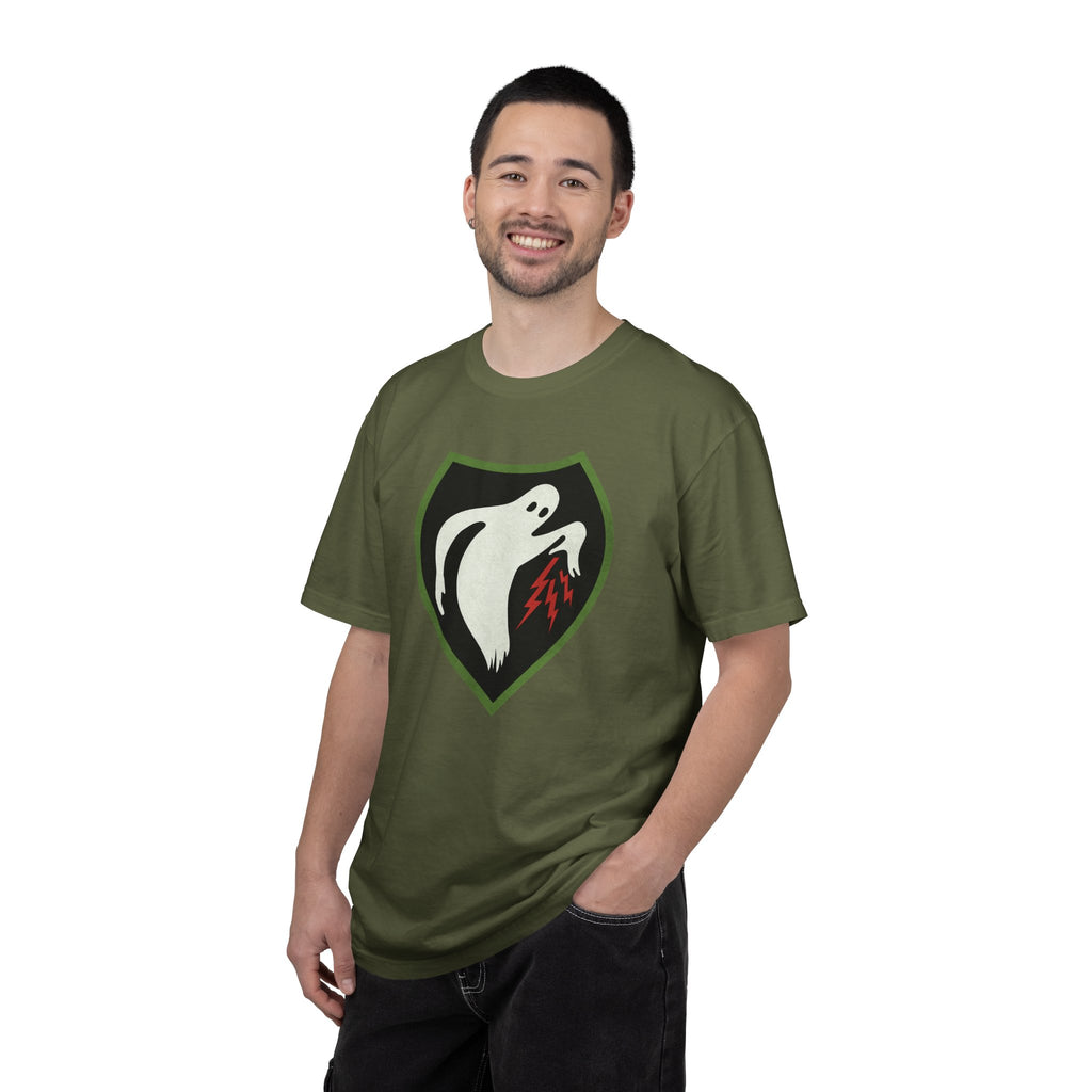 Man wearing Ghost Army patriotic t-shirt in hemp