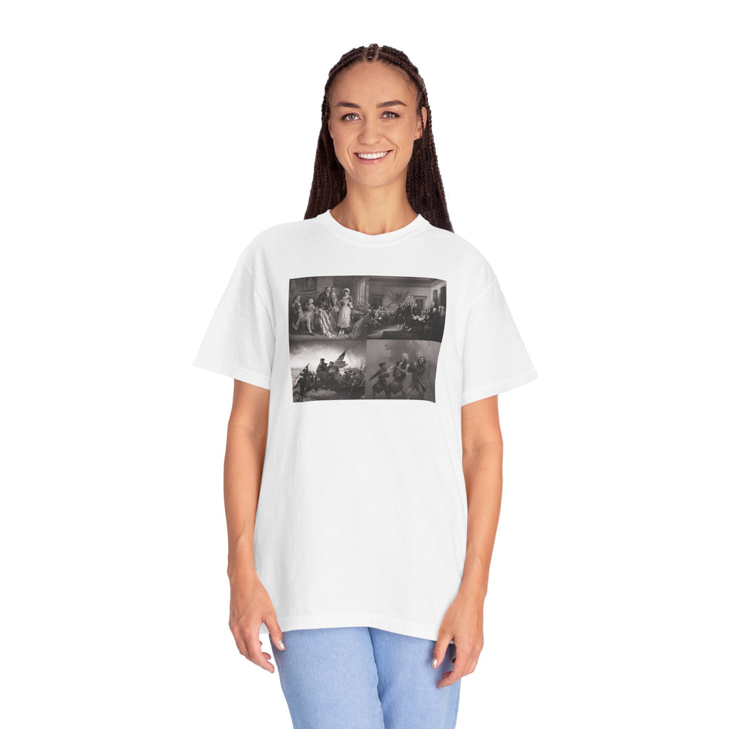 Woman wearing an oversized White Comfort Colors t-shirt printed with a montage of four revolutionary war era paintings