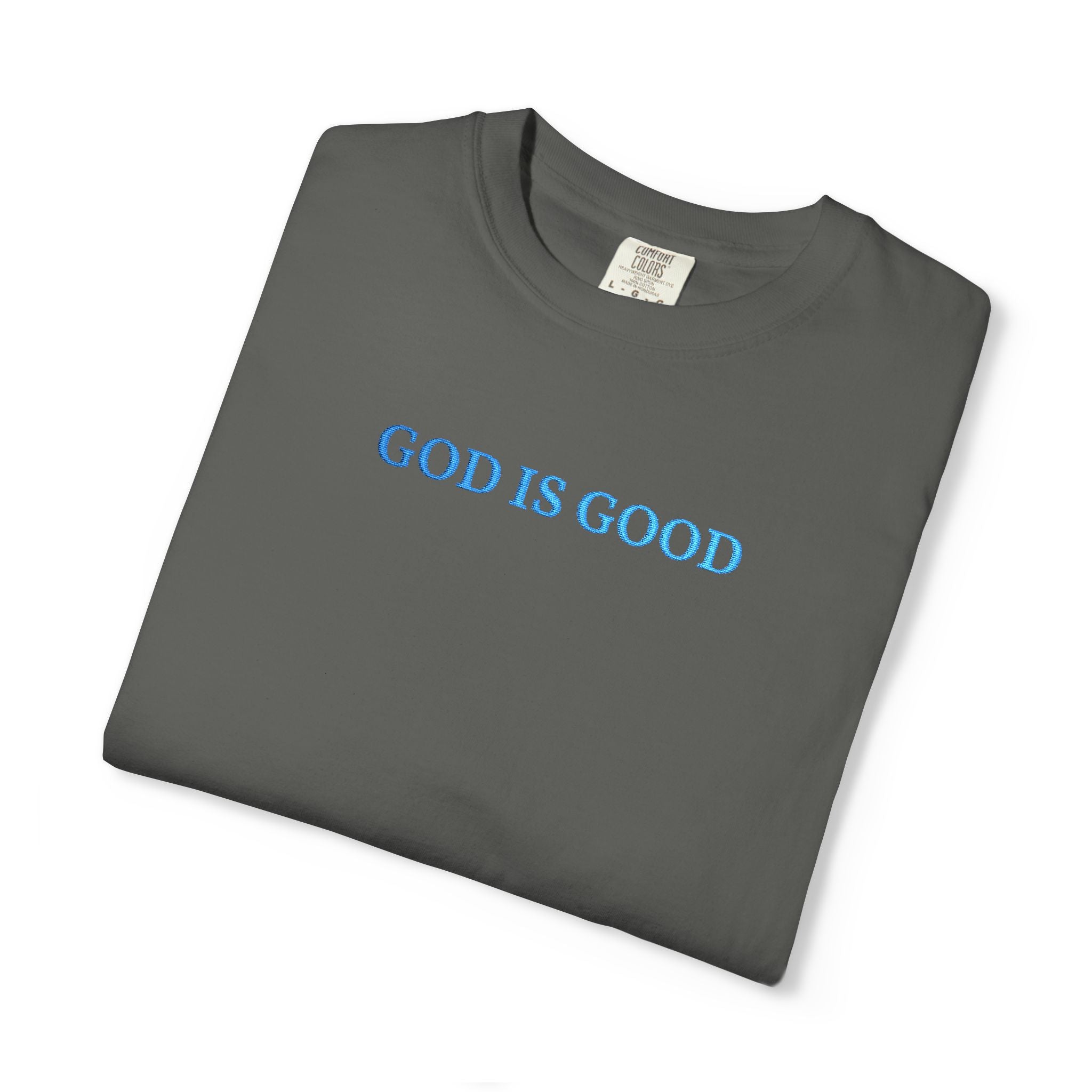 Folded Pepper t-shirt embroidered with 'GOD IS GOOD' in cornflower blue thread