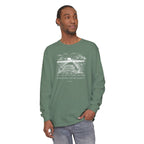 Man wearing a long-sleeve Light Green Comfort Colors t-shirt with nature graphic and Psalm 118:24