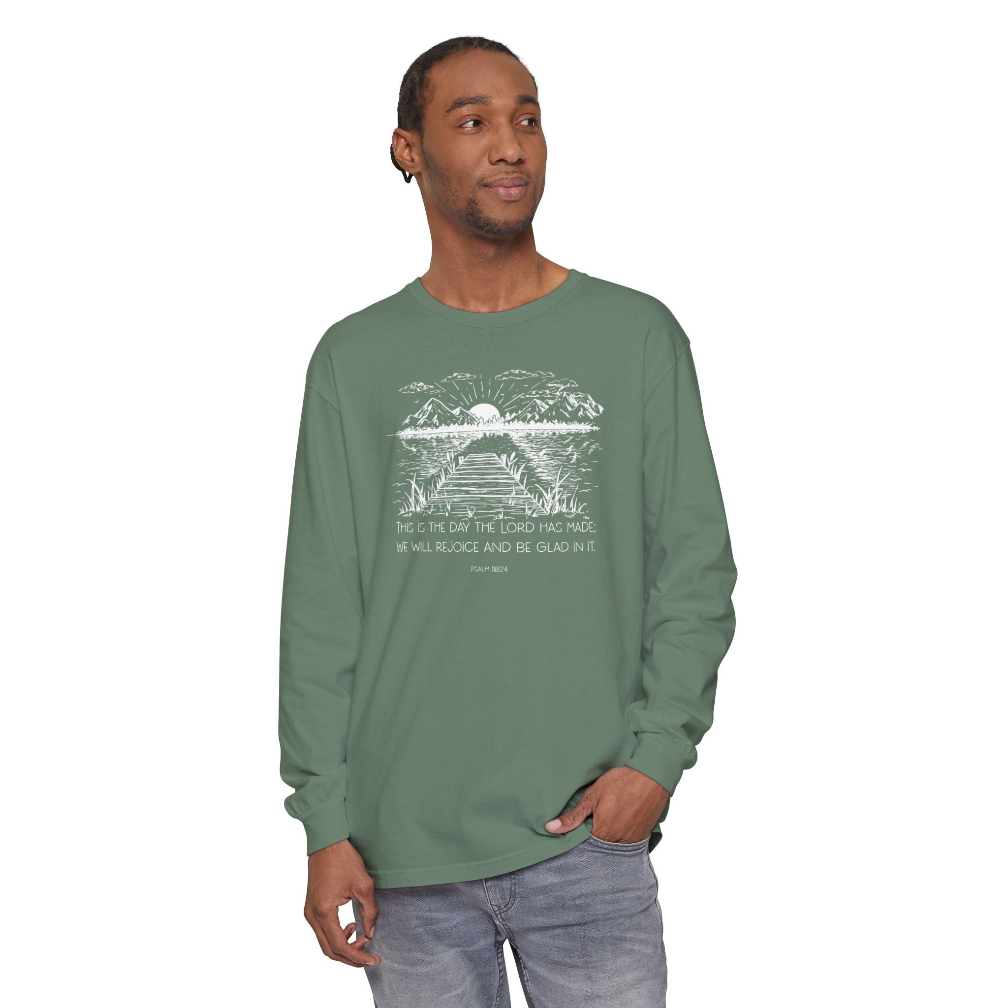 Man wearing a long-sleeve Light Green Comfort Colors t-shirt with nature graphic and Psalm 118:24
