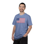 Male model wearing distressed 1776 Betsy Ross flag t-shirt in washed denim
