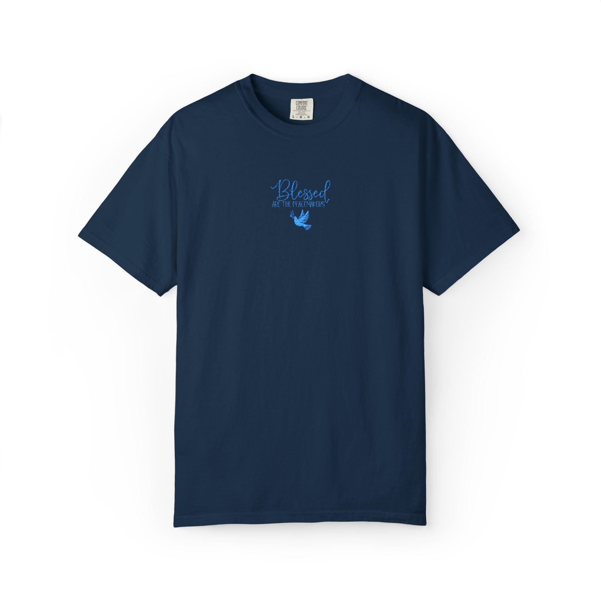 True Navy Comfort Colors t-shirt with embroidered "Blessed are the Peacemakers" + dove in a cornflower blue thread