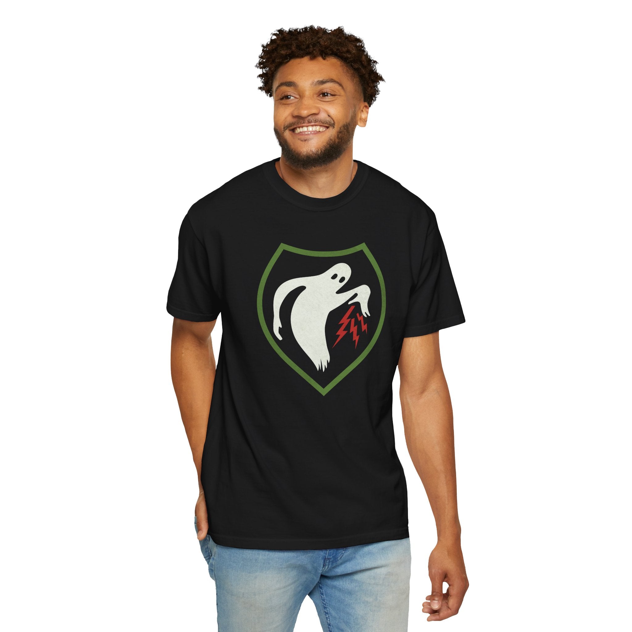 Smiling man wearing Ghost Army patriotic t-shirt in black