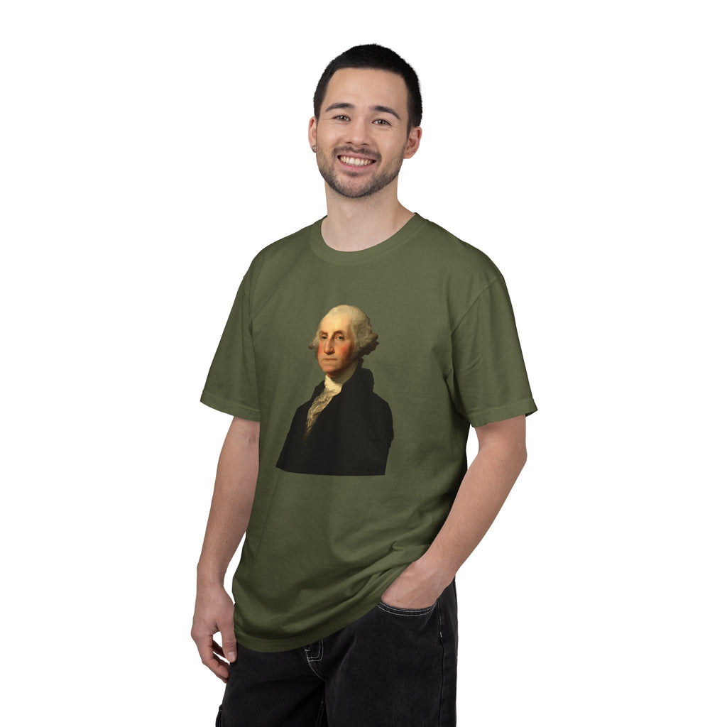 Man wearing George Washington patriotic t-shirt in hemp