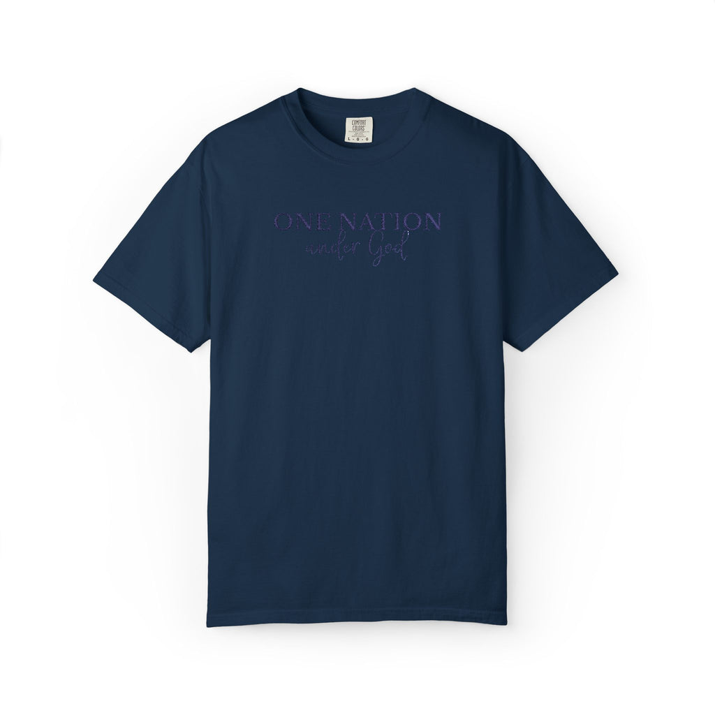 True Navy Comfort Colors t-shirt with embroidered 'One Nation under God' in blue thread