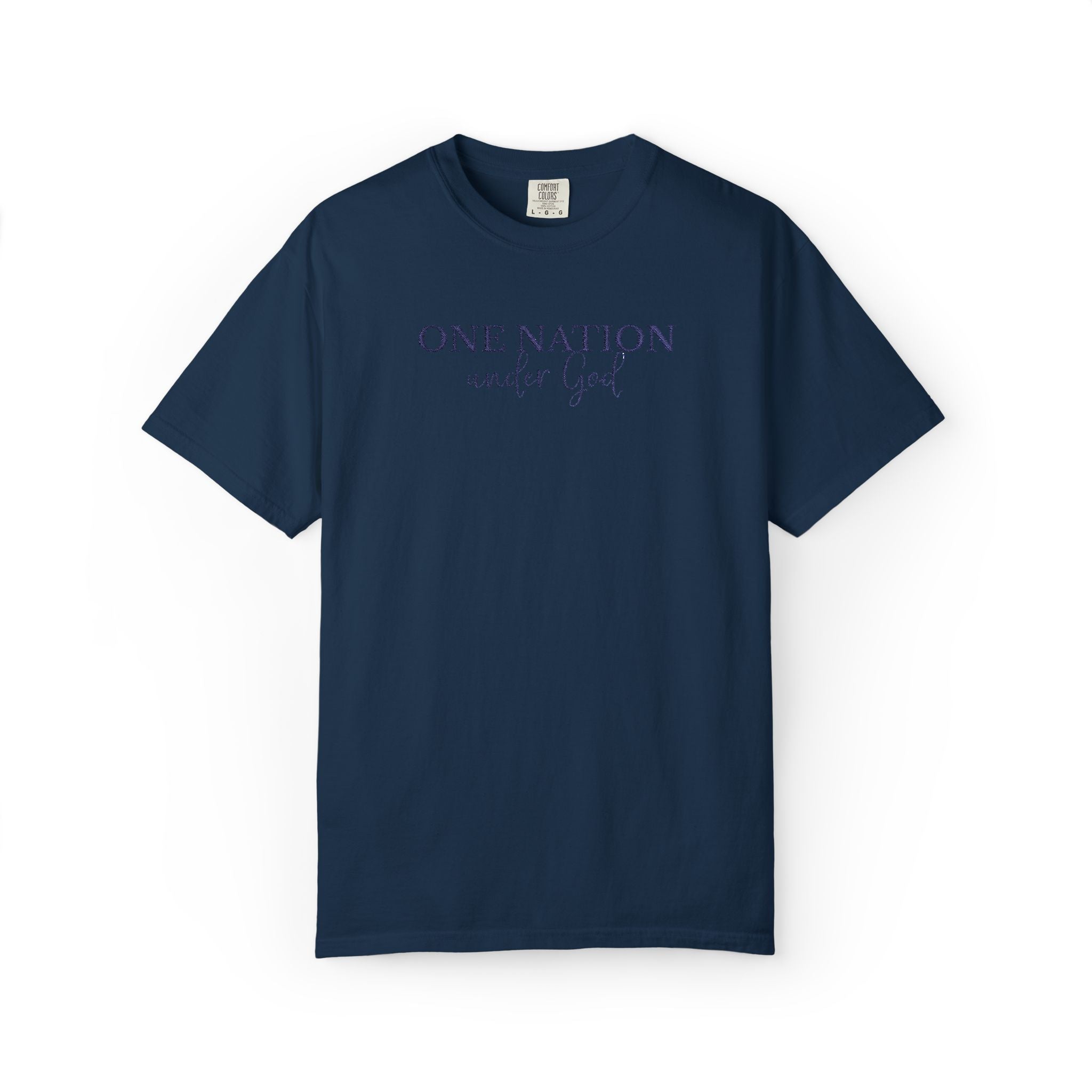True Navy Comfort Colors t-shirt with embroidered 'One Nation under God' in blue thread