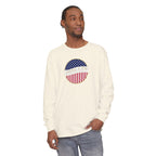 Man wearing a long sleeve Ivory Comfort Colors t-shirt with America 250 design