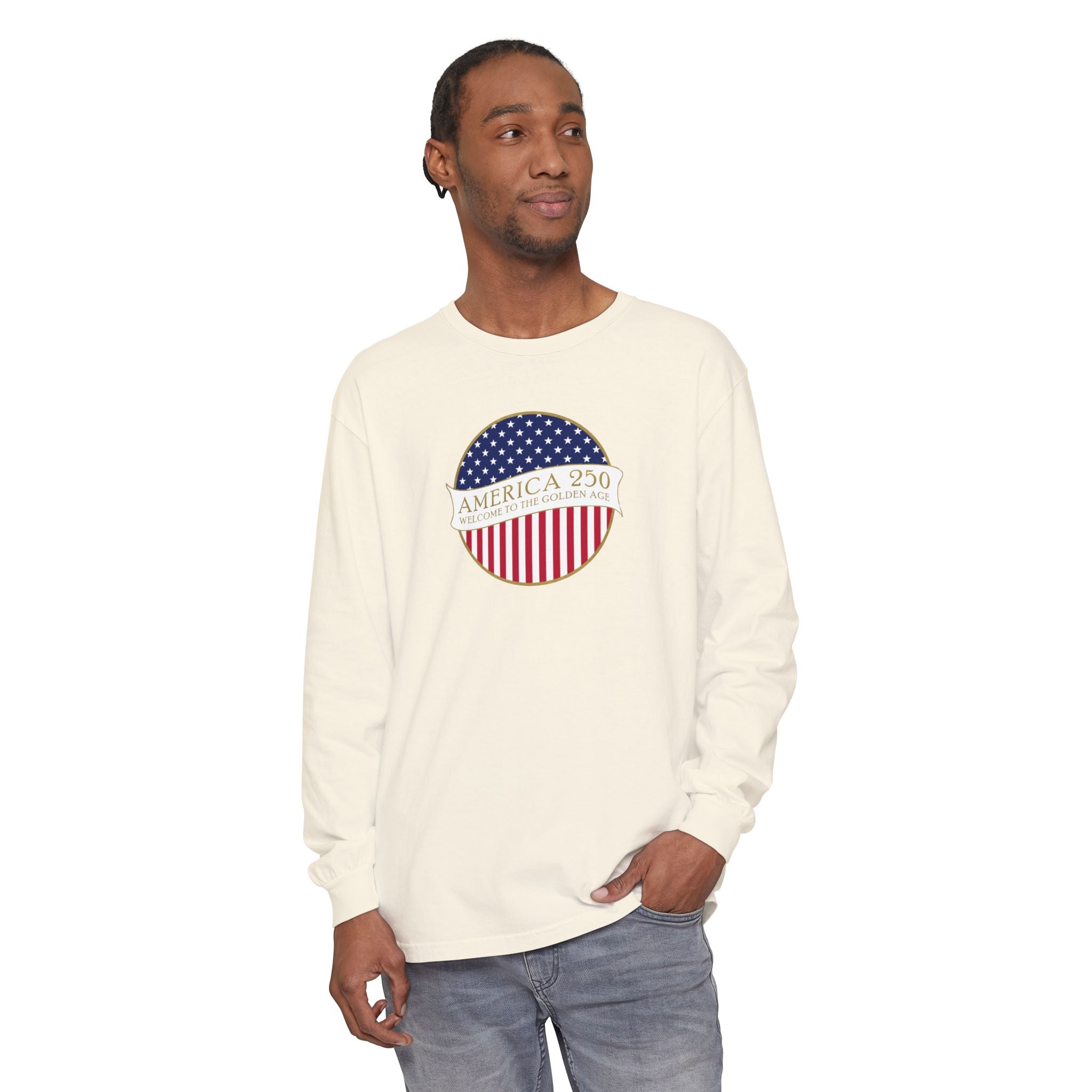 Man wearing a long sleeve Ivory Comfort Colors t-shirt with America 250 design