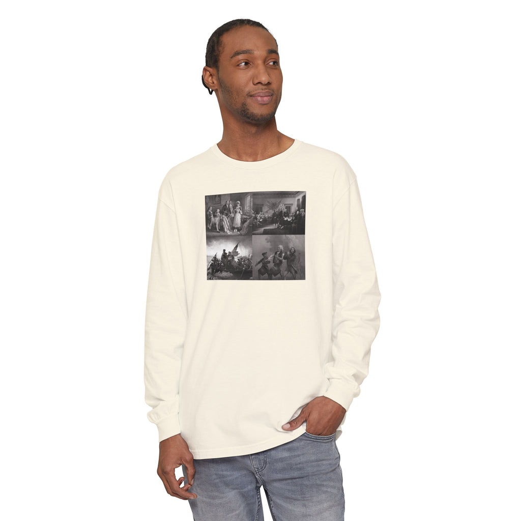Man wearing a Ivory Comfort Colors t-shirt with a montage of revolutionary war era paintings