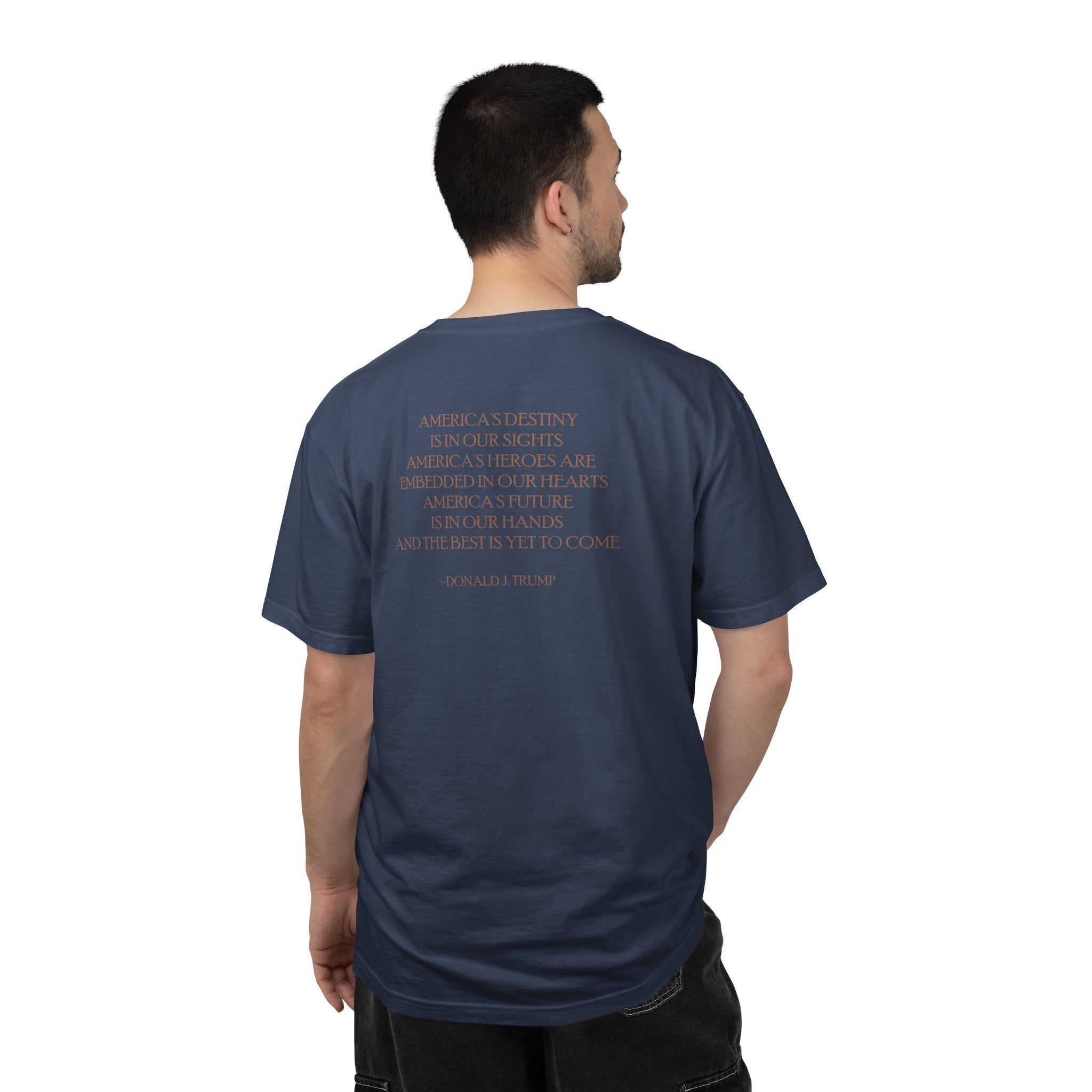 Back view of man wearing Donald Trump 47 tee with '...the best is yet to come' quote, in midnight