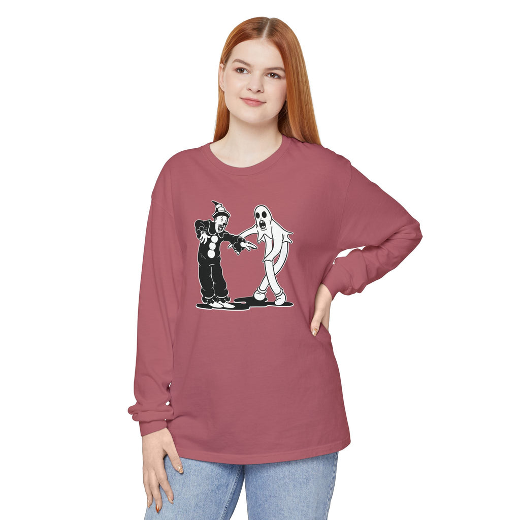 Woman wearing Koko the Clown and Dancing Ghost long sleeve t-shirt in crimson