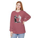 Woman wearing Koko the Clown and Dancing Ghost long sleeve t-shirt in crimson
