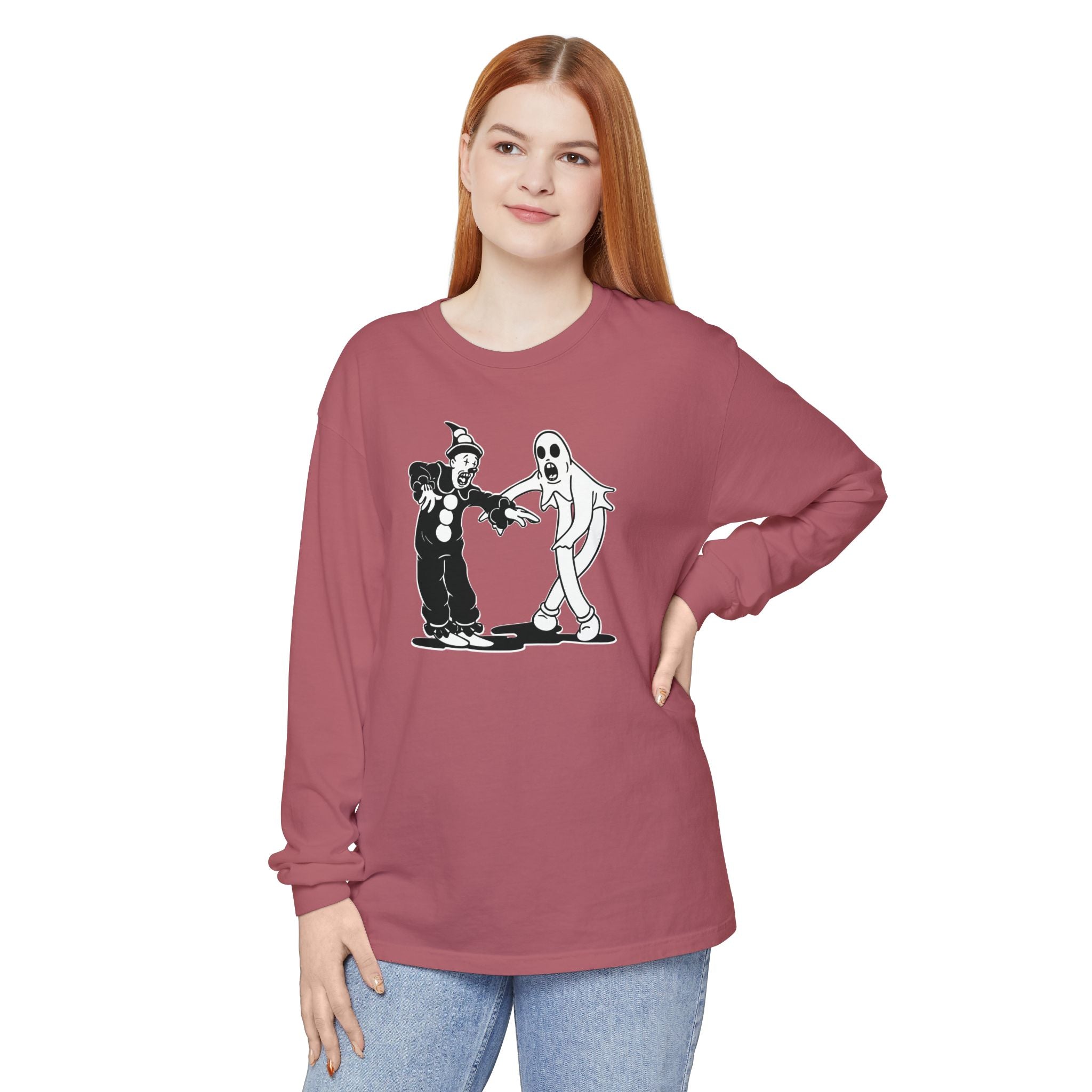 Woman wearing Koko the Clown and Dancing Ghost long sleeve t-shirt in crimson