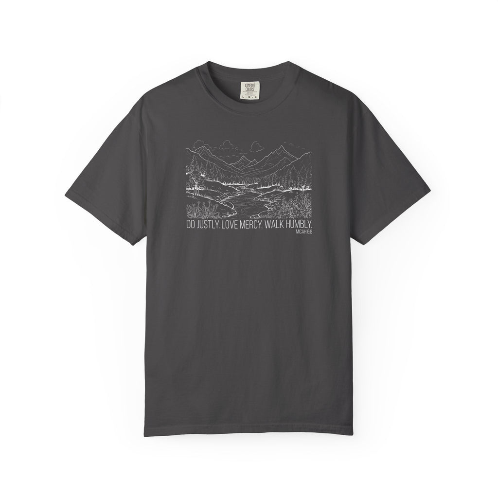 Graphite t-shirt with mountain river design and Bible verse from Micah 6:8 against a white background