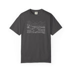 Graphite t-shirt with mountain river design and Bible verse from Micah 6:8 against a white background