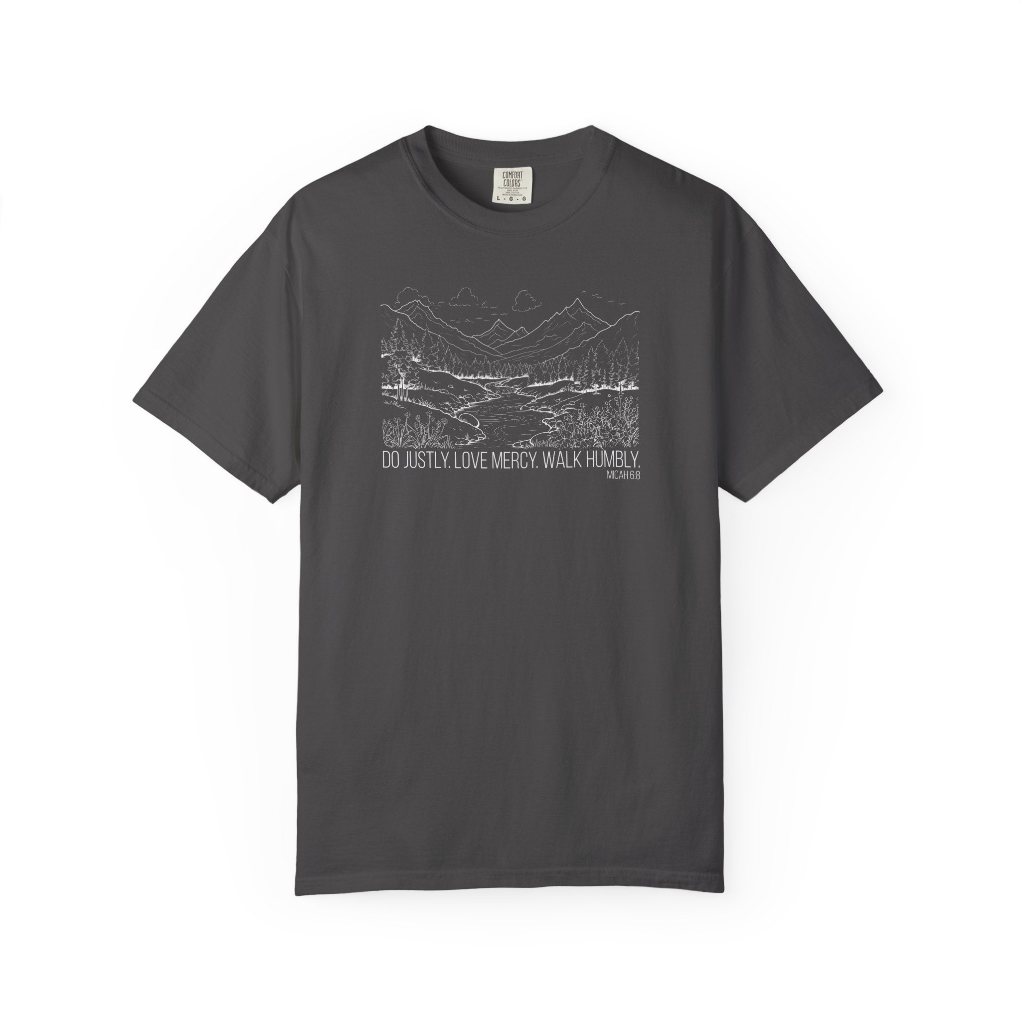 Graphite t-shirt with mountain river design and Bible verse from Micah 6:8 against a white background