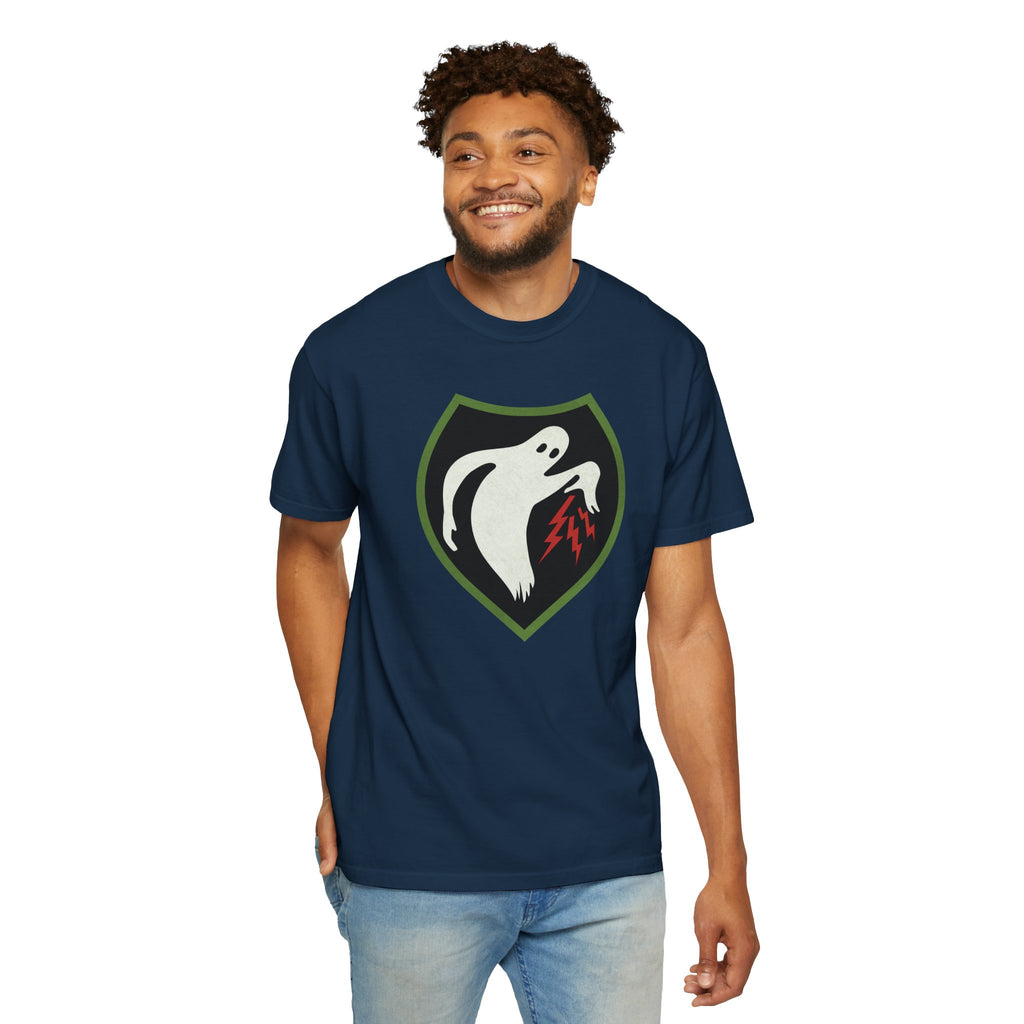 Smiling man wearing Ghost Army patriotic t-shirt in true navy